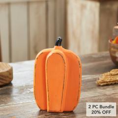 Rustic Wooden Fall Harvest Pumpkin Decor 8Inch Tall Orange Tabletop Figurine (2 PC Bundle)