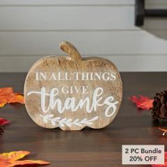 Fall Autumn Thanksgiving Rustic Wooden Pumpkin Tabletop Decor with In All Things Give Thanks Sentiment 5.75x6.5x1.25 Inch (2 PC Bundle)
