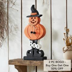 Boo Wooden Jack O Lantern Halloween Fall Seasonal Decor Rustic Carved Wood Tabletop Accent 15.5 H x 7.25 W x 2 D (2 PC BOGO Bundle)