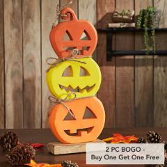 Halloween Jack O Lantern Stacked Wood Tabletop Decor, Rustic Fall Pumpkin Figurine 16.75in (2 PC BOGO Bundle)