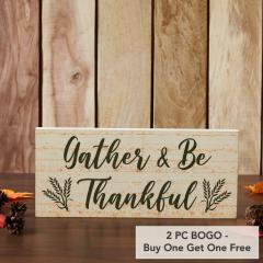 Farmhouse Fall Gather & Be Thankful Wheat Stalks Wall Sign, Rustic Autumn Thanksgiving Home Decor MDF Plaque, 7x16 Inches (2 PC BOGO Bundle)