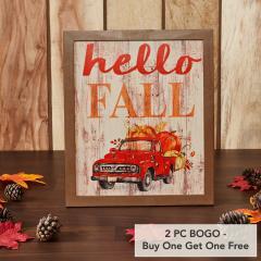 Farmhouse Shiplap Hello Fall Red Truck Wall Sign Autumn Harvest Rustic Home Decor 13x11 (2 PC BOGO Bundle)