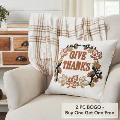 Thanksgiving Fall Harvest Wheat Plaid Give Thanks Throw Pillow 18x18 Rustic Farmhouse Decorative Home Accent (2 PC BOGO Bundle)