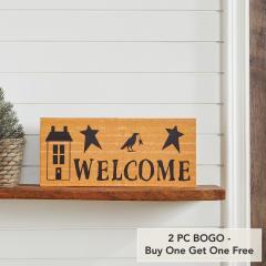 Primitive Rustic Welcome Wall Decor Sign Mustard Saltbox House, Raven & Stars MDF Accent 7x16 Inch (2 PC BOGO Bundle)