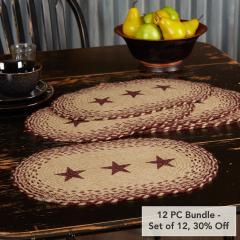 Burgundy Tan Jute Placemat Stencil Stars Set of 6 12x18 (12 PC Bundle)