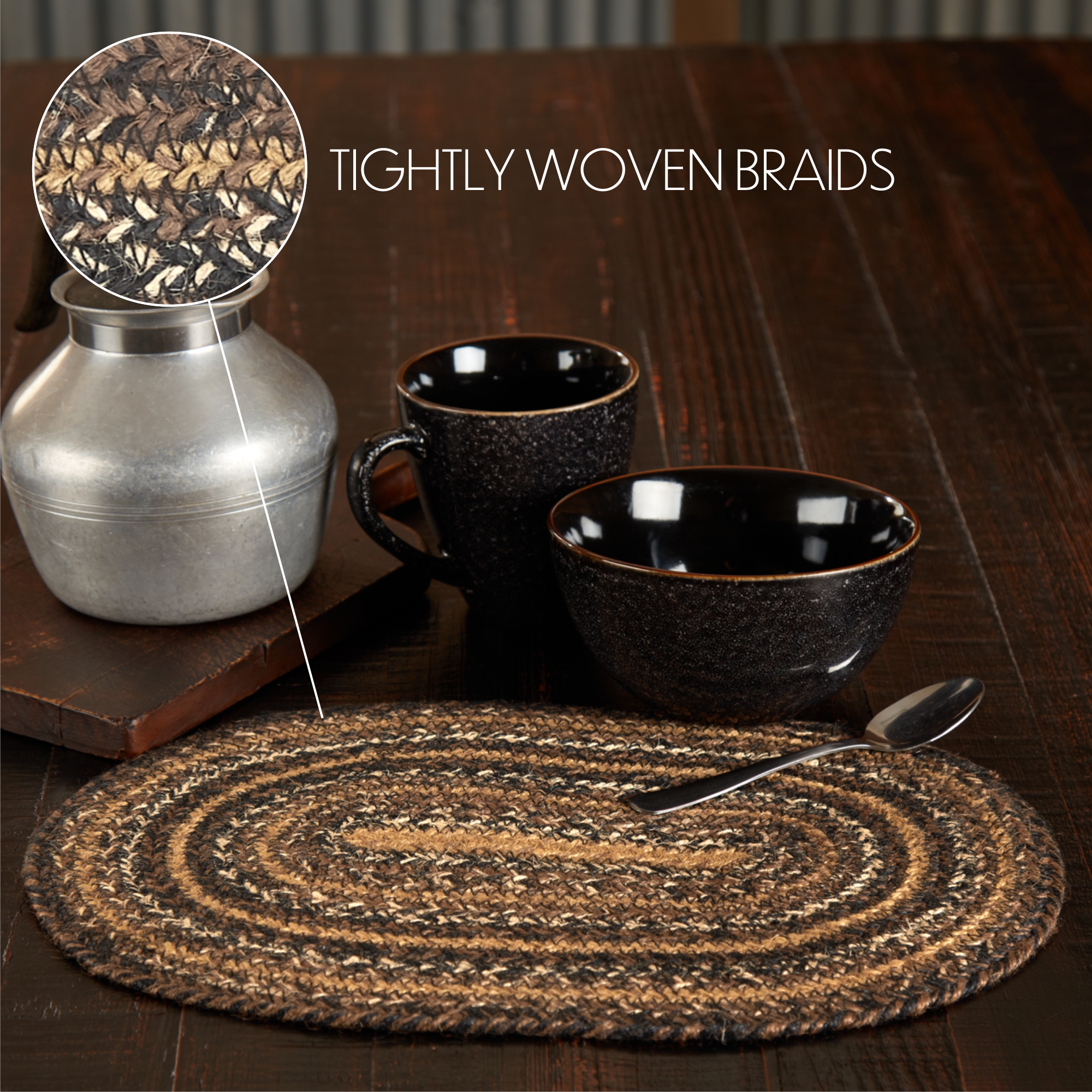 VHC Brands Espresso Jute Oval Placemat – Rustic Braided Striped – 10x15 – Set Of 1