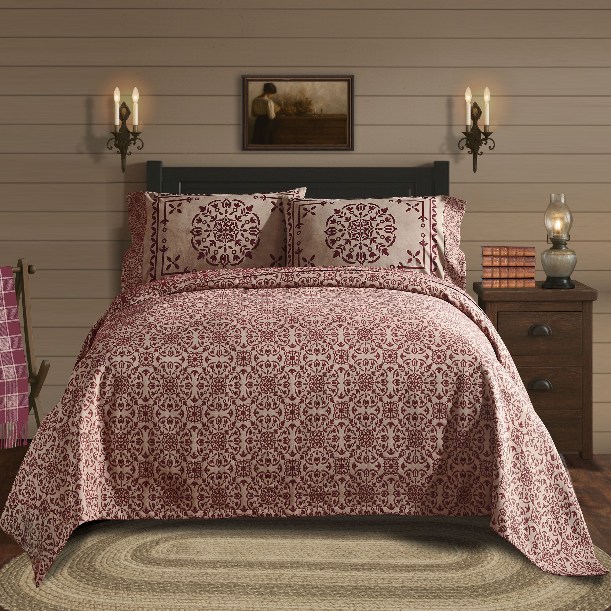Custom House Burgundy Tan Jacquard Queen Coverlet 94Wx94L - 84632